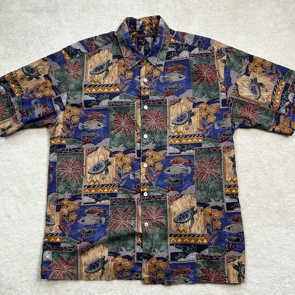 Vintage Tori Richard Hawaiian Shirt Mens Med Aloha Floral Fish Turtle USA Made